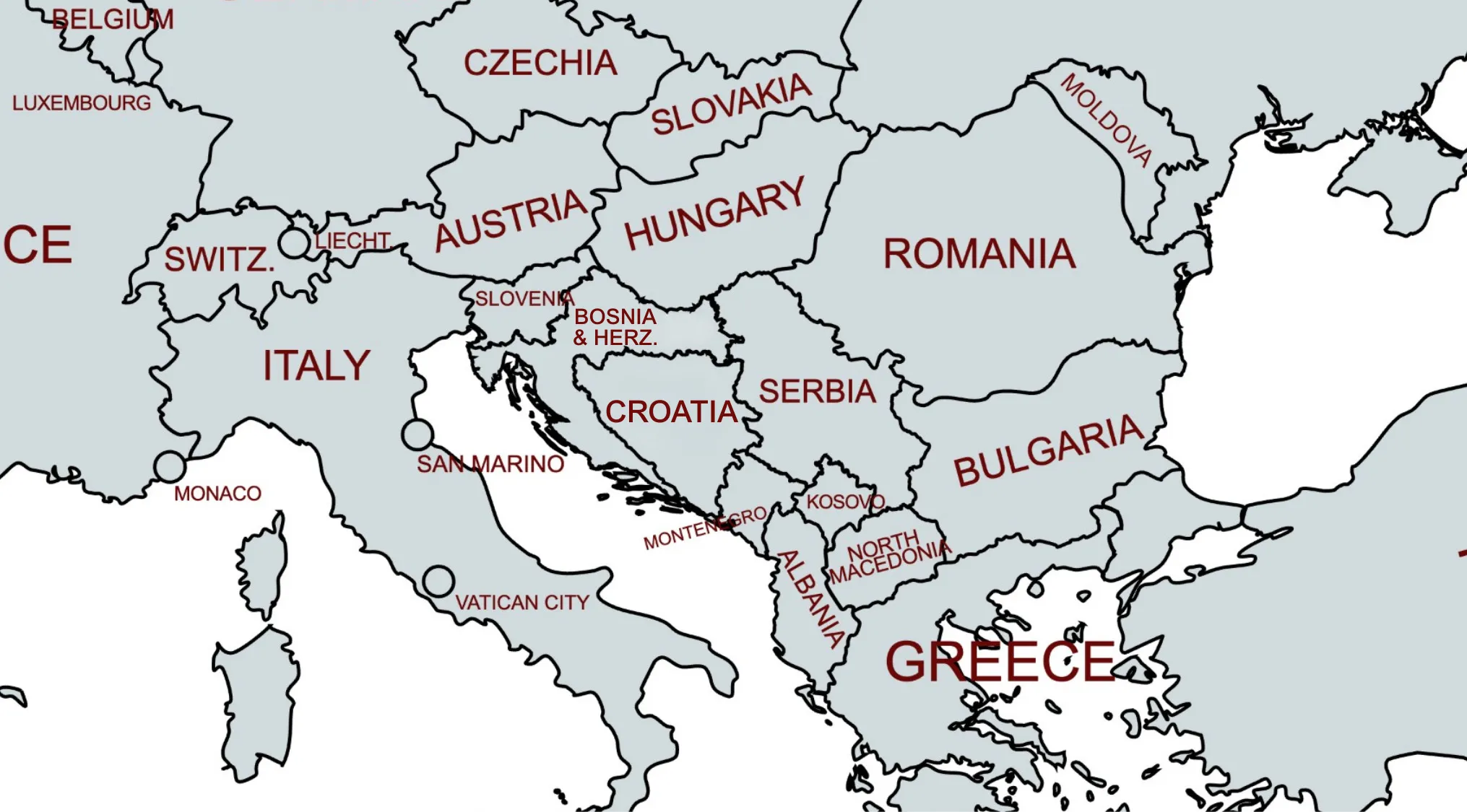 Map of European countries often mixed up, highlighting borders of Italy, Greece, Romania, and surrounding nations.