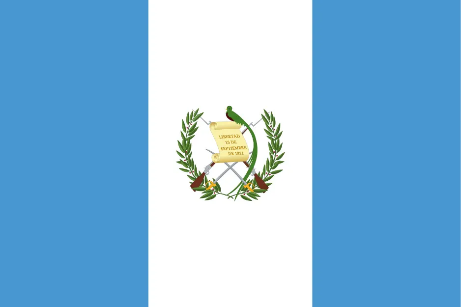 Flag from Honduras with white center, blue vertical stripes, and a detailed national emblem in the middle.