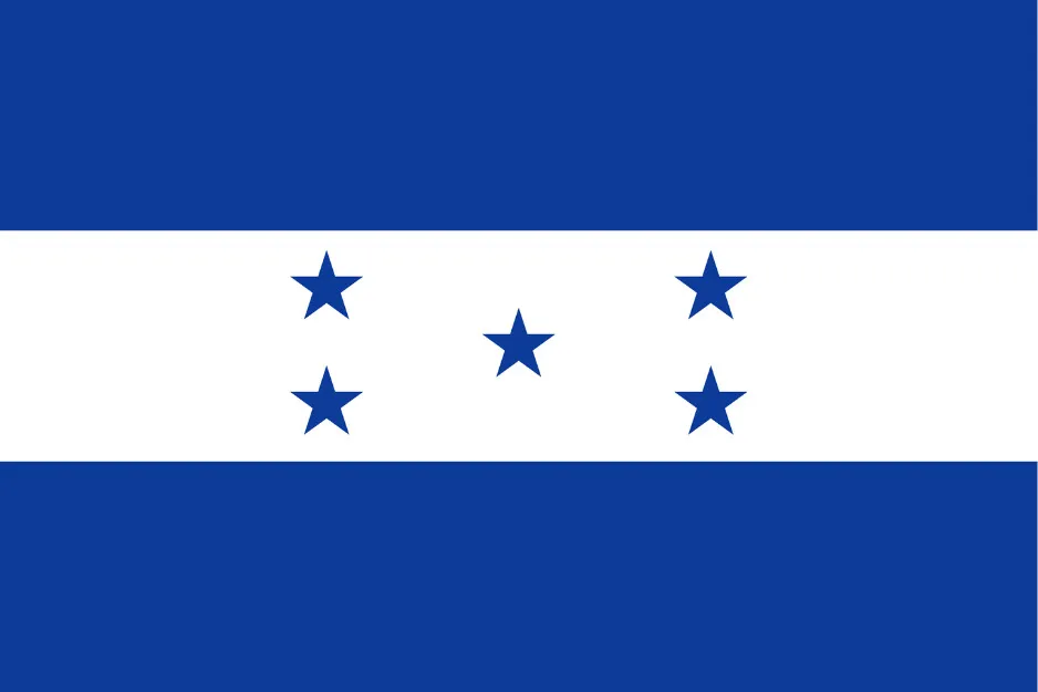 Flag of Honduras with three blue horizontal stripes and five blue stars in the center white stripe on a rectangular field.