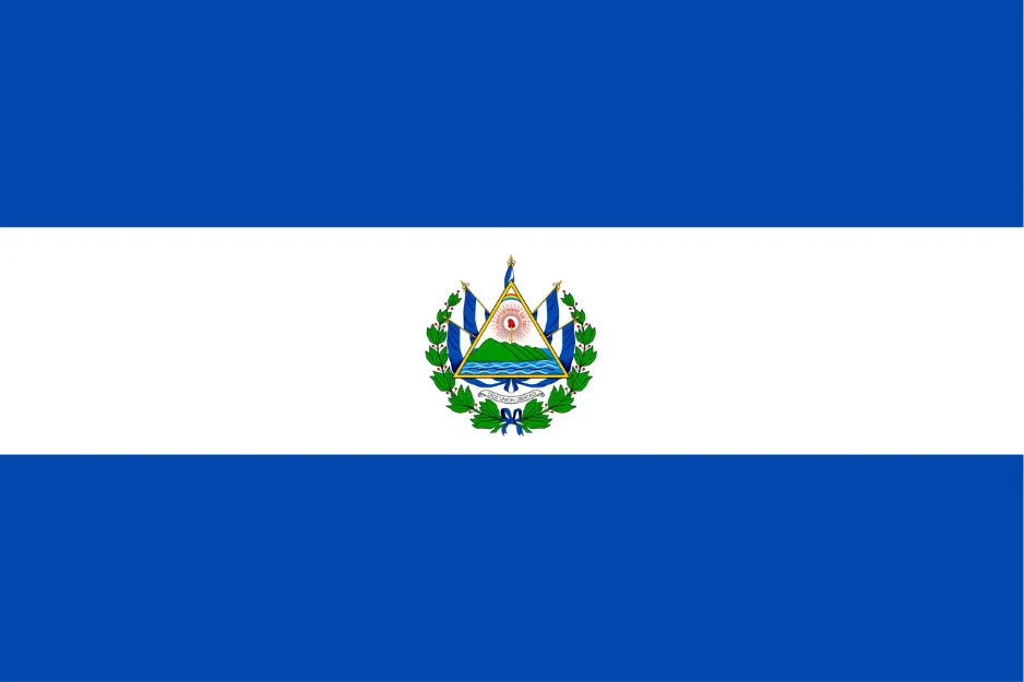 Flag of El Salvador with the national coat of arms centered on three horizontal blue and white stripes.