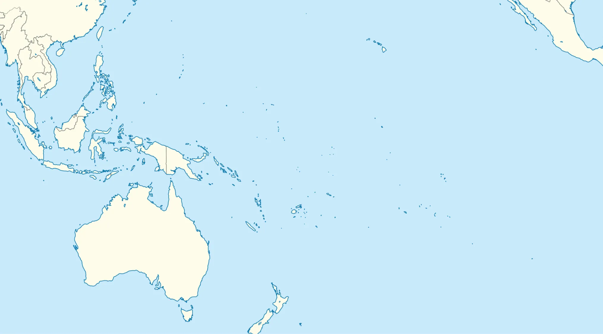 Map of Oceania region showing countries and islands, used for identifying cities in countries often mixed up in Oceania.