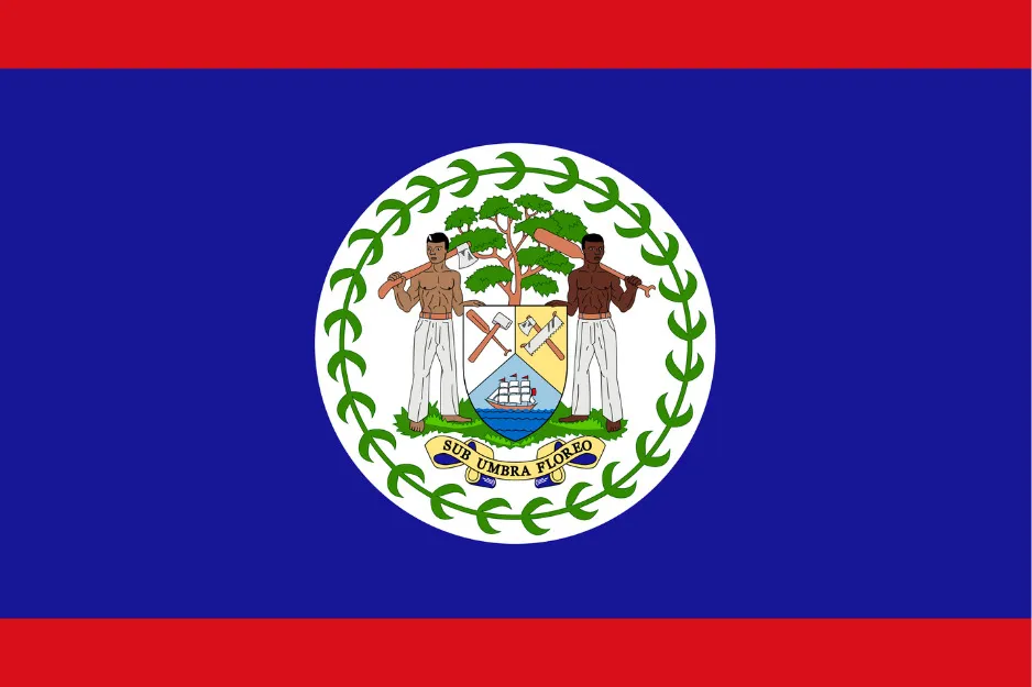Flag of Belize with blue field, red stripes on top and bottom, and detailed central coat of arms with two men and tools.