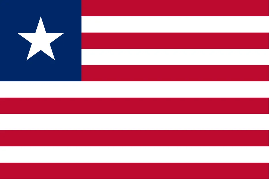 Flag of Liberia with red and white stripes and a white star on a blue square in the top left corner
