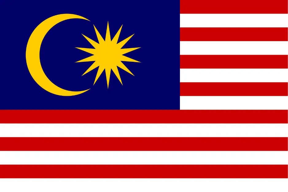 Flag of Malaysia with red and white stripes and a blue canton featuring a yellow crescent and star, related to Liberia flag selection.