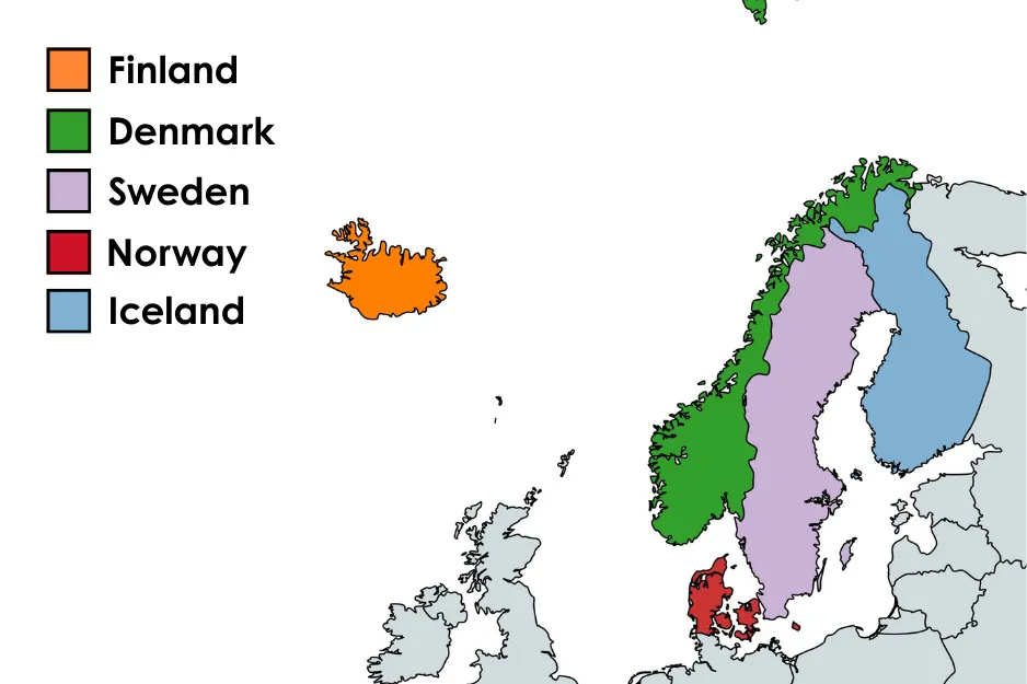 Map highlighting Finland, Denmark, Sweden, Norway, and Iceland with distinct colors for correct map identification.