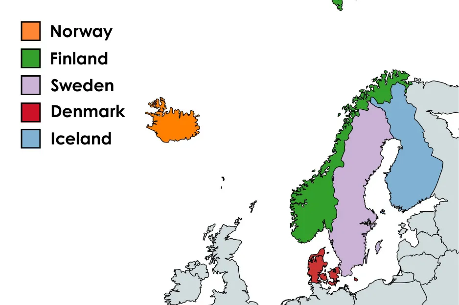 Map highlighting Norway, Finland, Sweden, Denmark, and Iceland with distinct colors in a Northern Europe regional view.