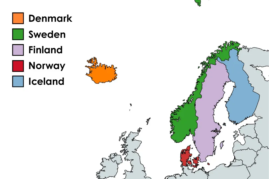 Map highlighting Denmark, Sweden, Finland, Norway, and Iceland with color-coded borders and country labels in Northern Europe.