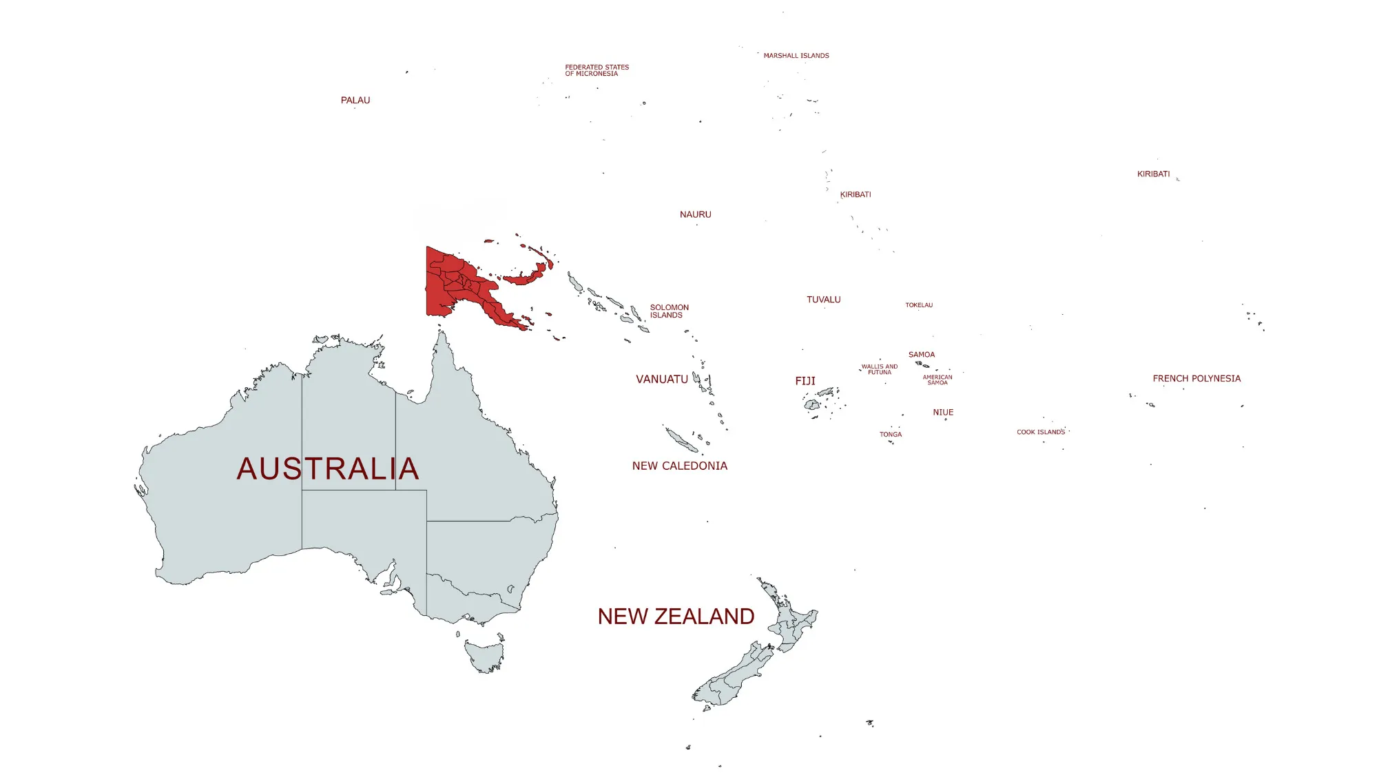 Map highlighting Papua New Guinea in red among countries that are often mixed up in Oceania.