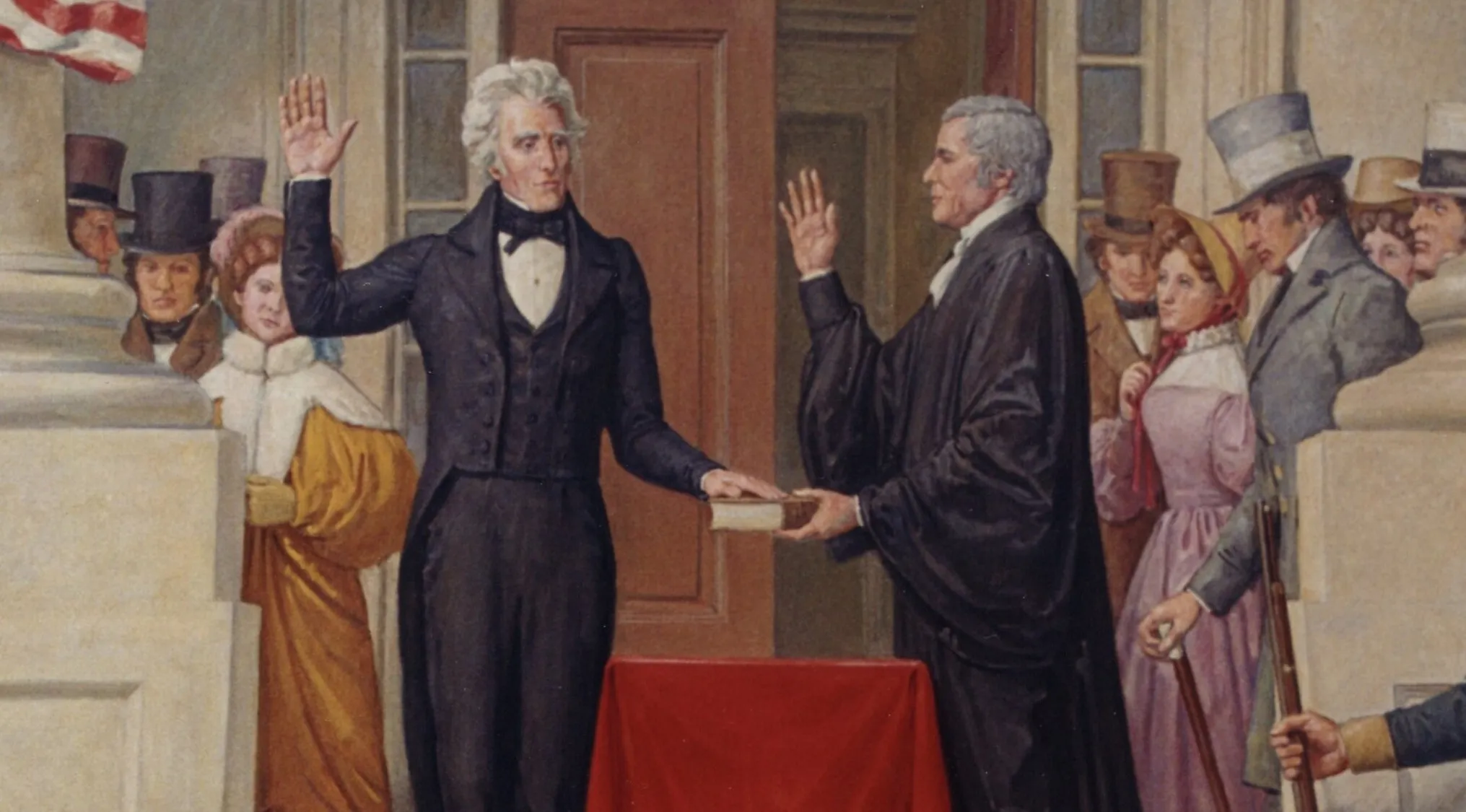 Man taking oath in a historical scene representing rise of democratic beliefs during Jacksonian Democracy and Spoils System.