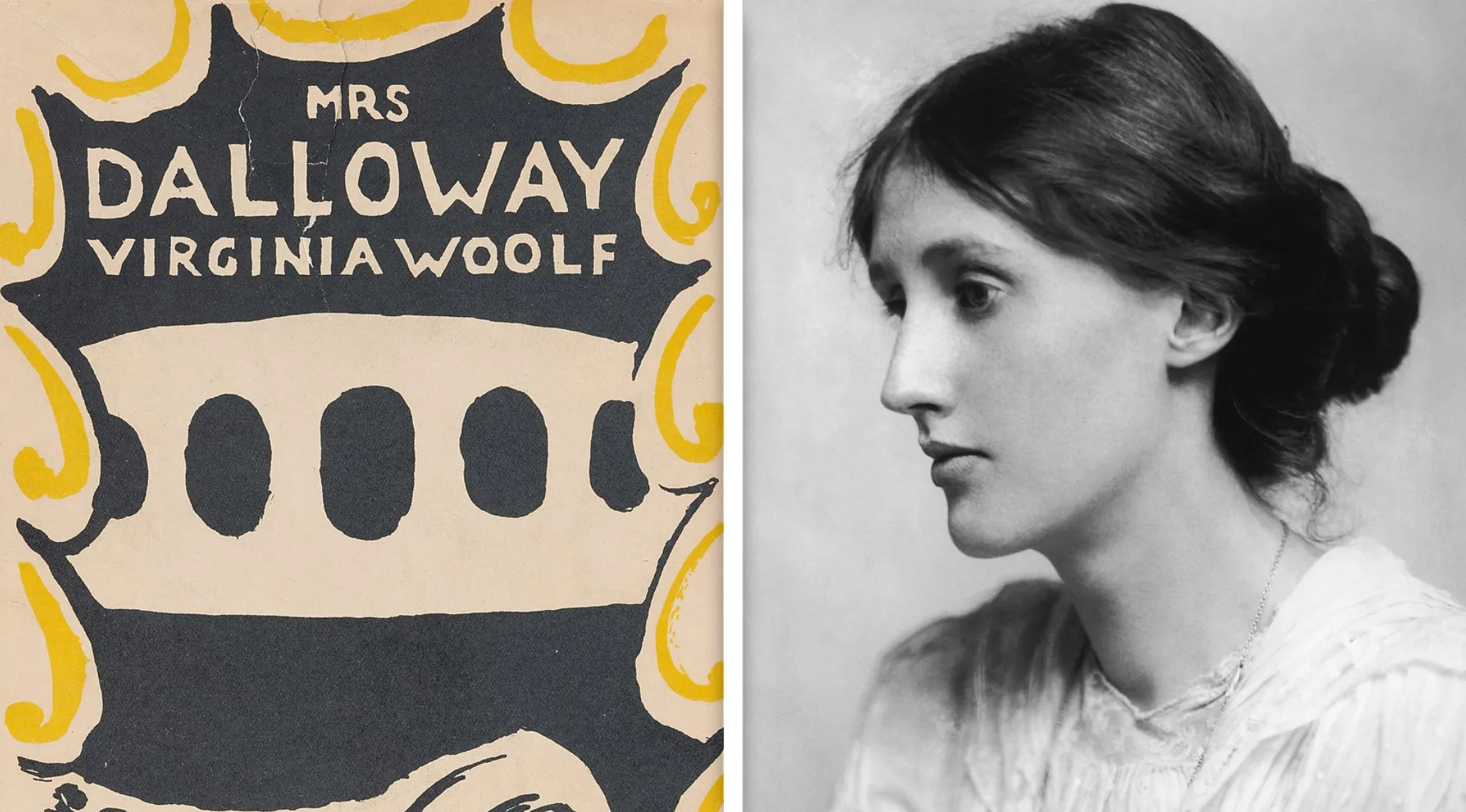 Portrait of Virginia Woolf beside a vintage book cover of Mrs Dalloway, highlighting stream-of-consciousness technique in literature.