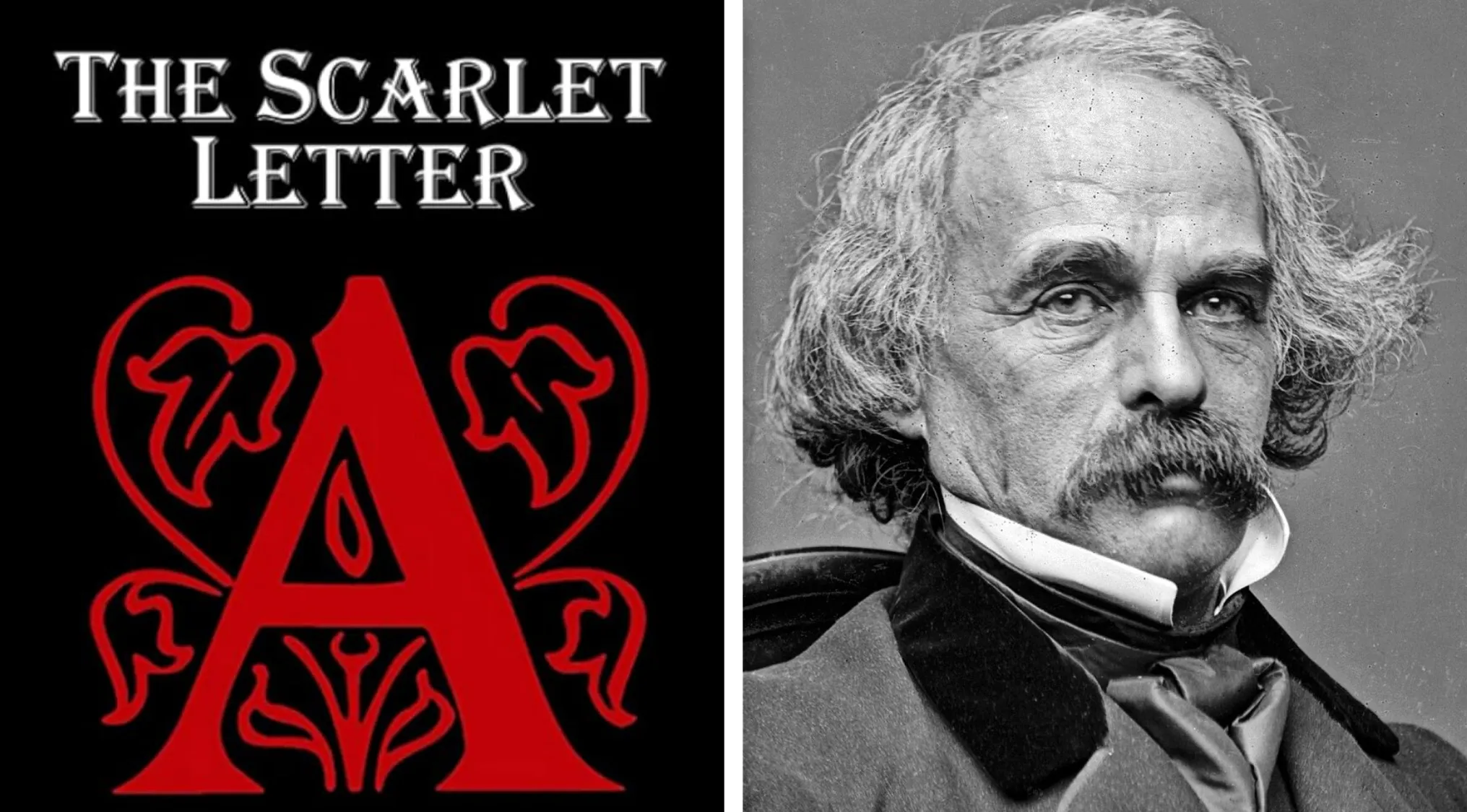 Red letter A symbol from The Scarlet Letter next to a black and white portrait of Nathaniel Hawthorne author.