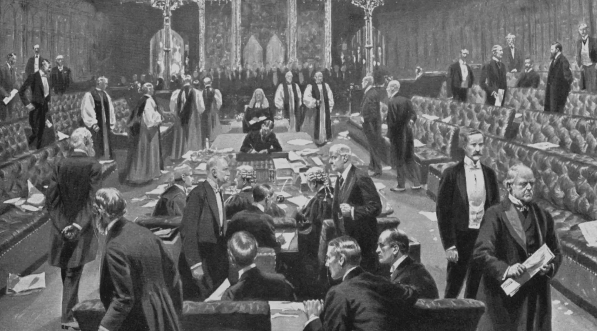 Historic scene of UK parliamentary session illustrating transition from absolute monarchy to parliamentary democracy in government and politics.