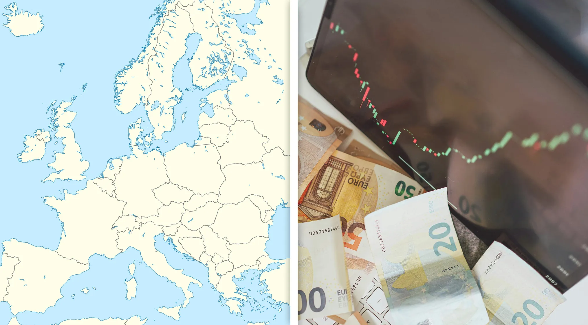 Map of Europe alongside a computer screen showing economic data and various Euro banknotes discussing mercantilism policy.