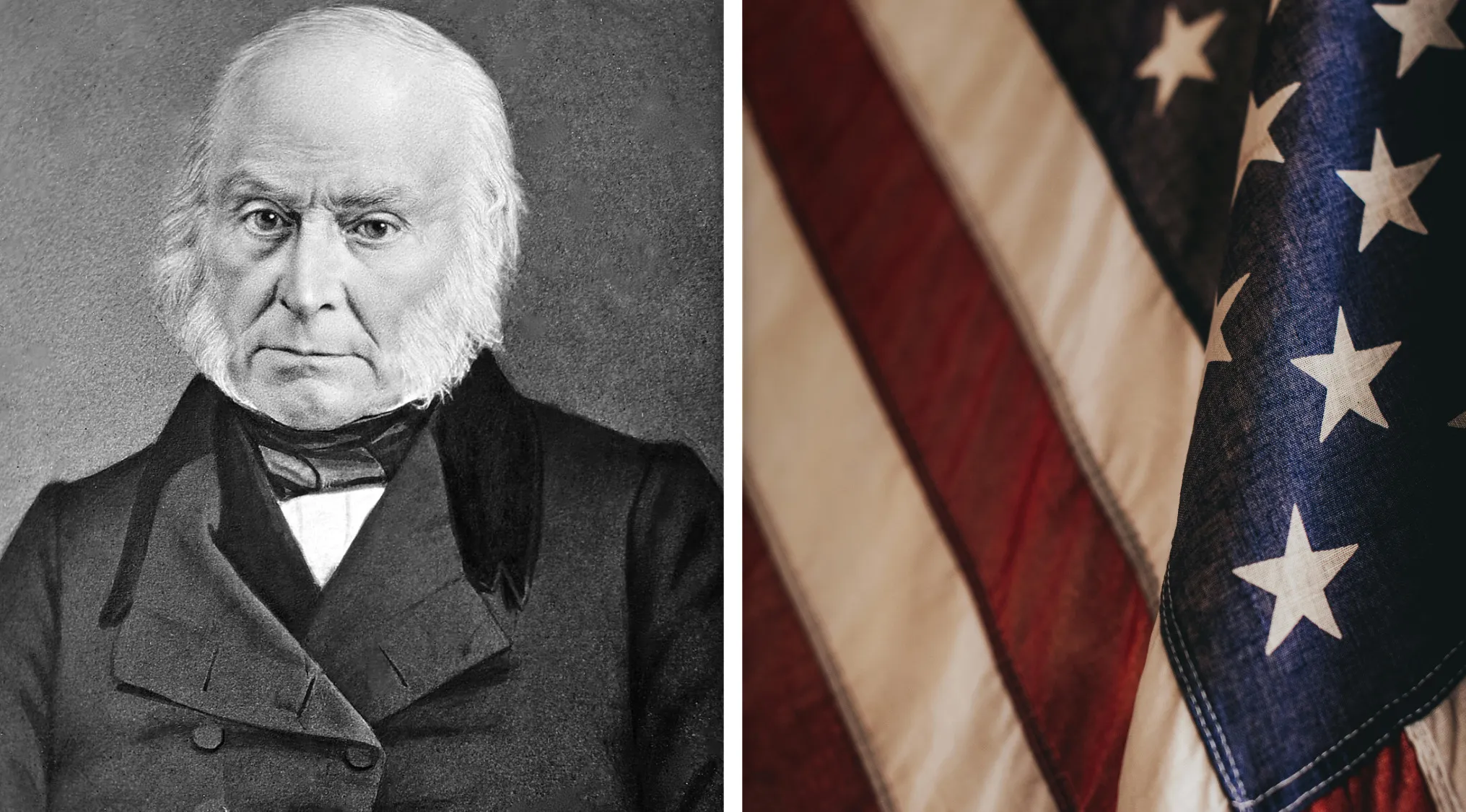 Black and white portrait of John Quincy Adams alongside a close-up of the American flag representing early American diplomacy.
