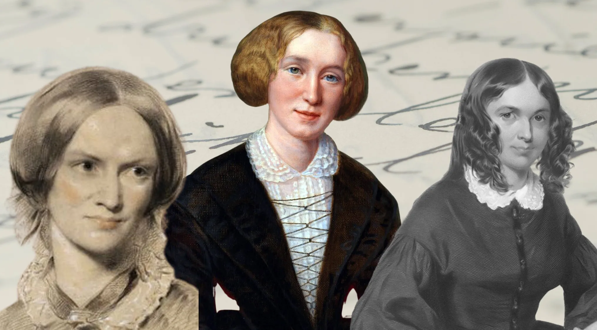 Three Victorian early feminist writers pictured with handwritten script in the background, related to AP school quiz English language.