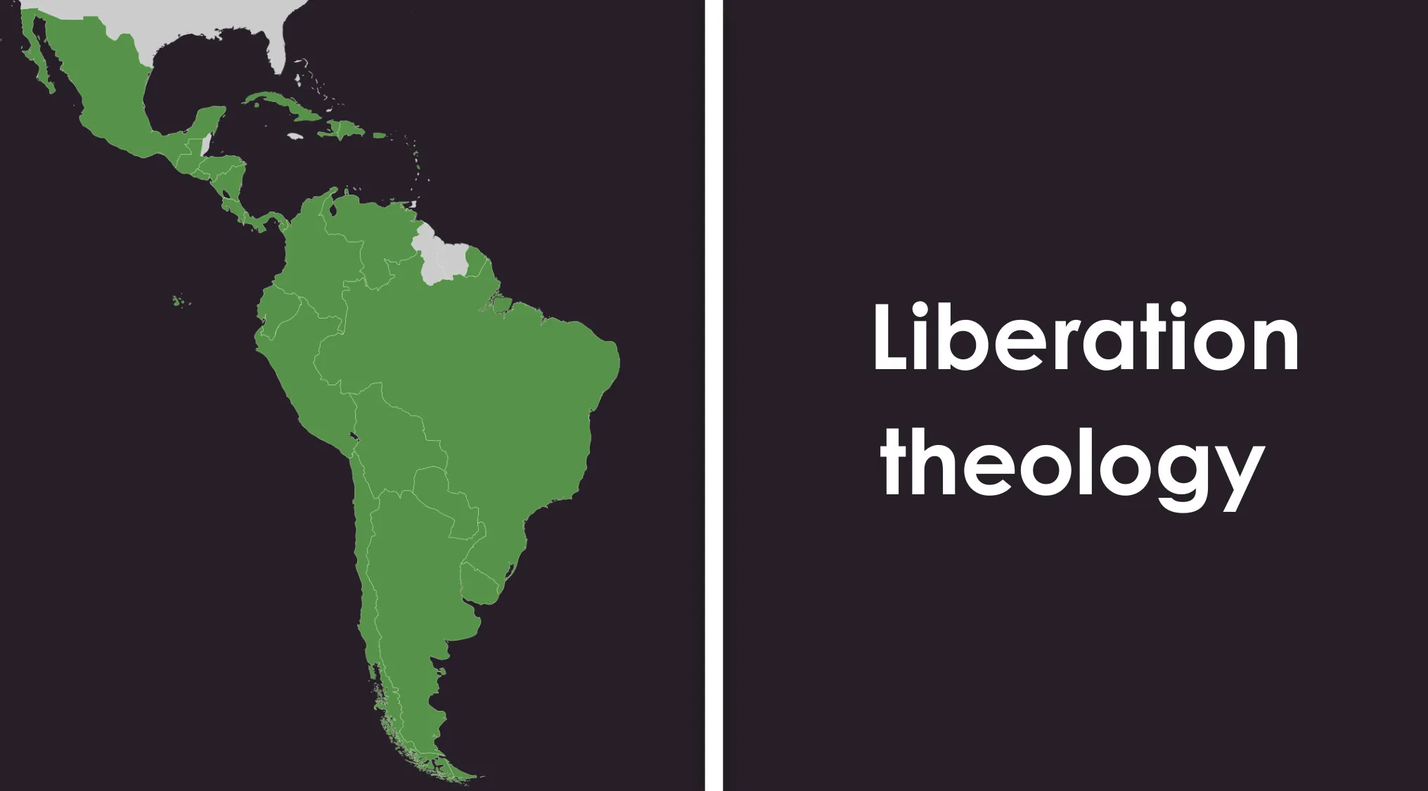 Map of Latin America in green next to text about a central principle of liberation theology in Latin America for AP school quiz.