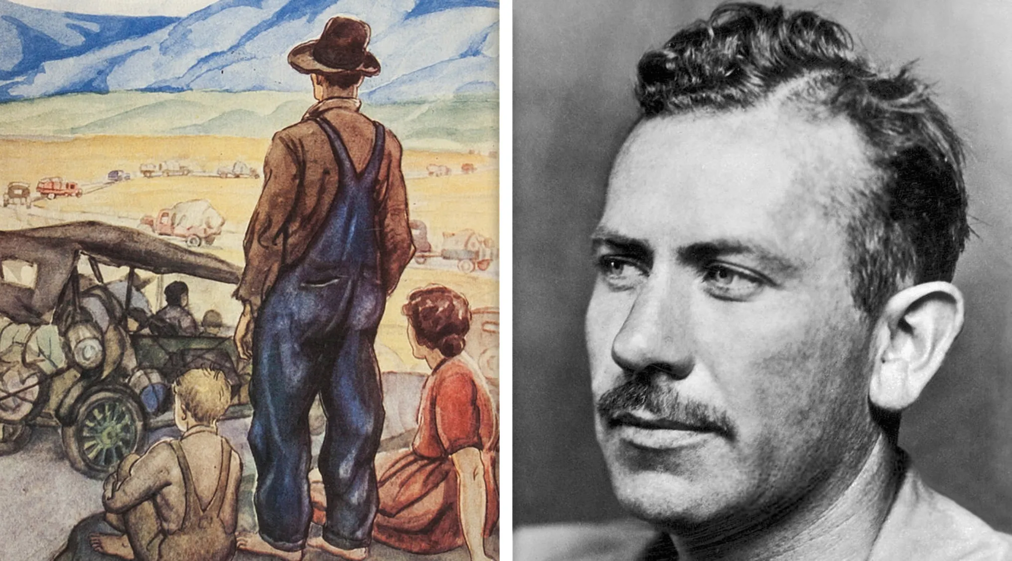 Watercolor painting of migrant family beside truck and black and white portrait of John Steinbeck for literature quiz conflict