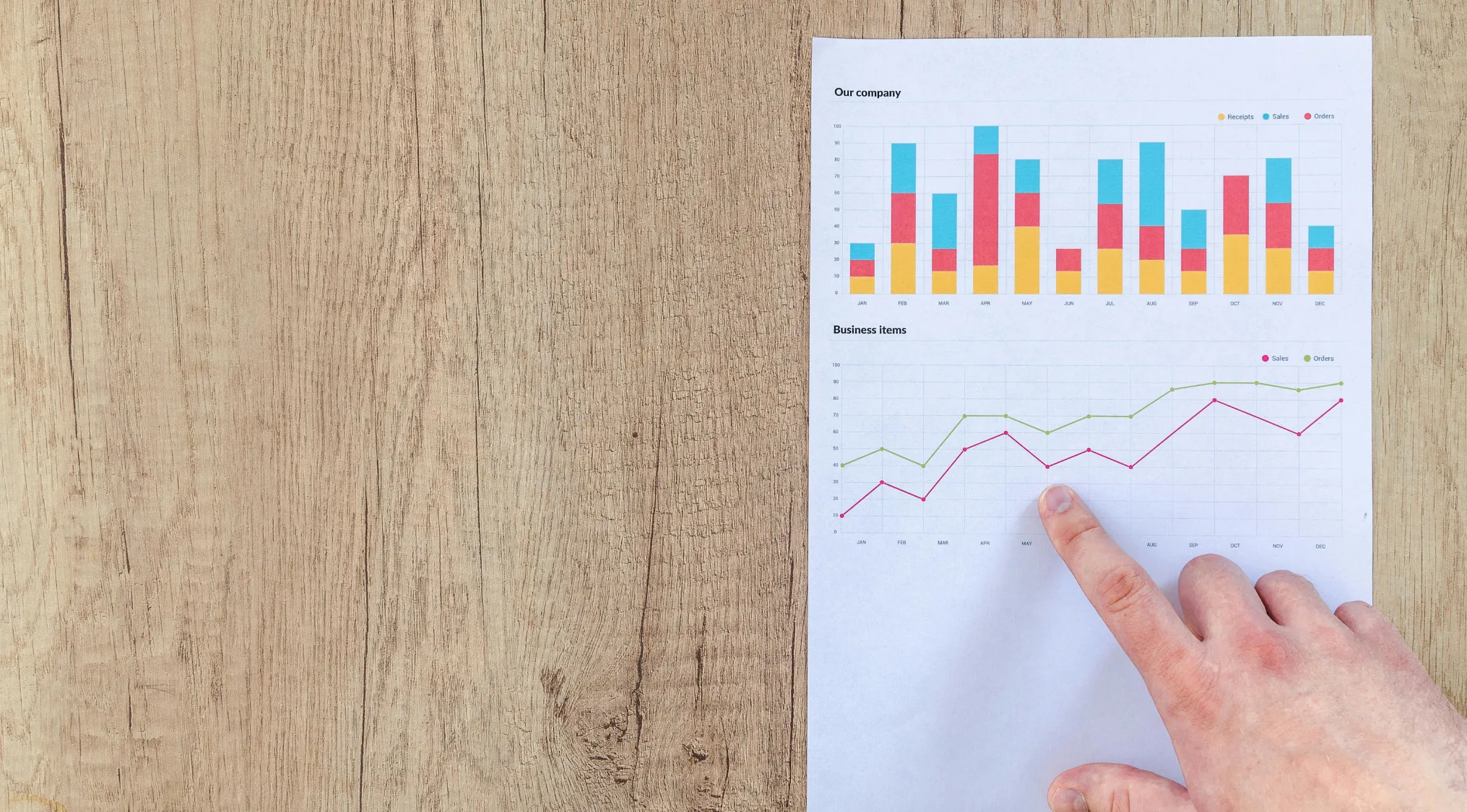 Hand pointing at printed charts showing statistical data for advanced placement school quiz on categorical variables.