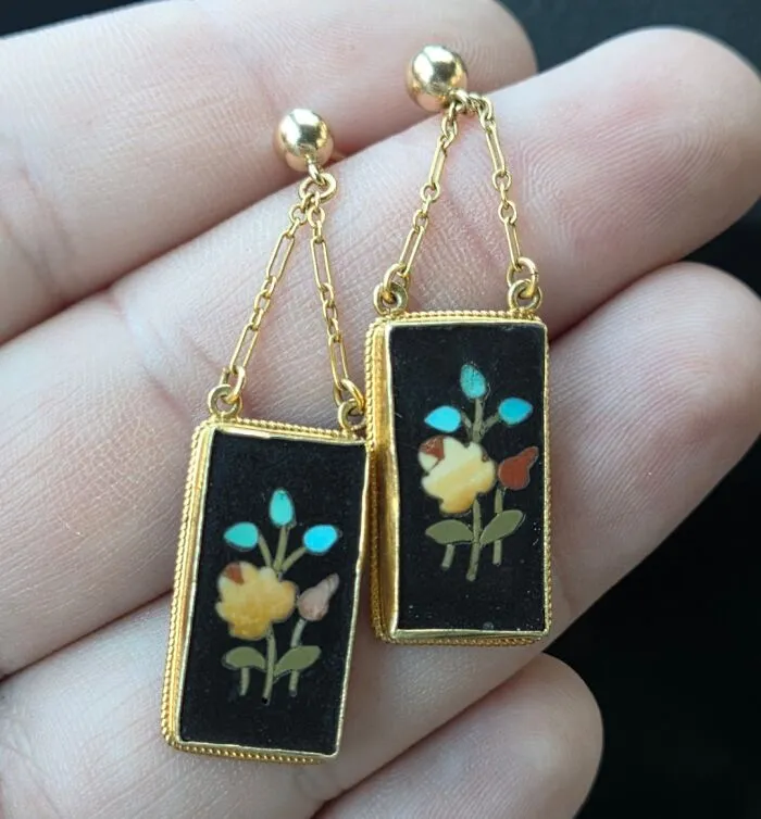 I Paid A Decent Bit For These ($130) But I Couldn't Pass Up This Pair Of Late 19th Century Italian Pietra Dura 15k Gold Earrings