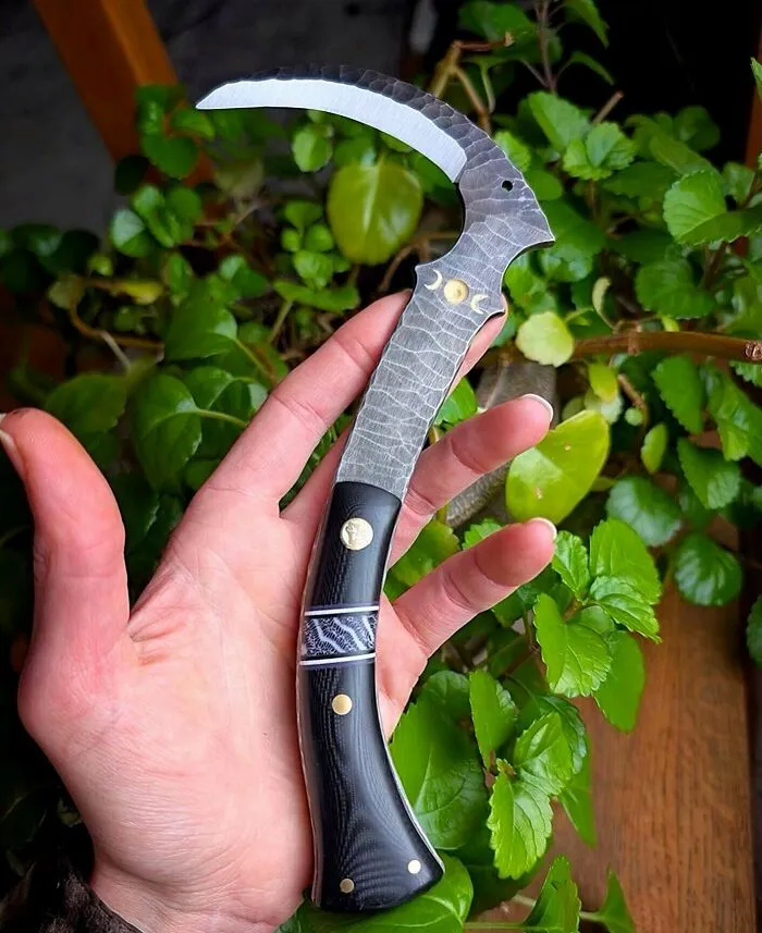 Hand holding a curved, intricately designed knife showcasing metalworkers defying physics and logic craftsmanship.