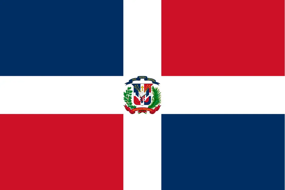 Dominican Republic flag with red, white, and blue colors and a national coat of arms in the center, not Panama.