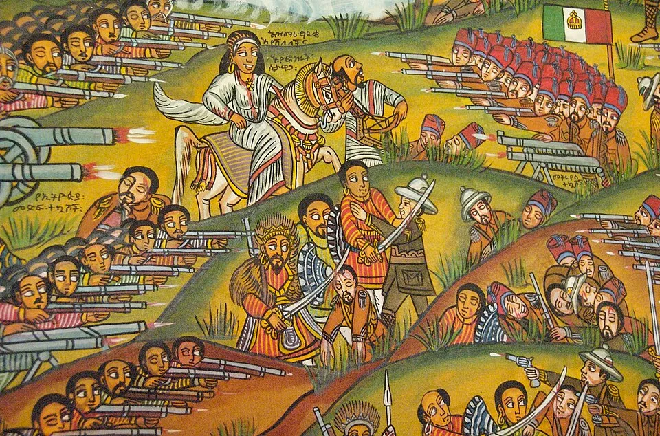 Historic painting depicting the Battle of Adwa in 1896 where Ethiopia defeated an invading European power.