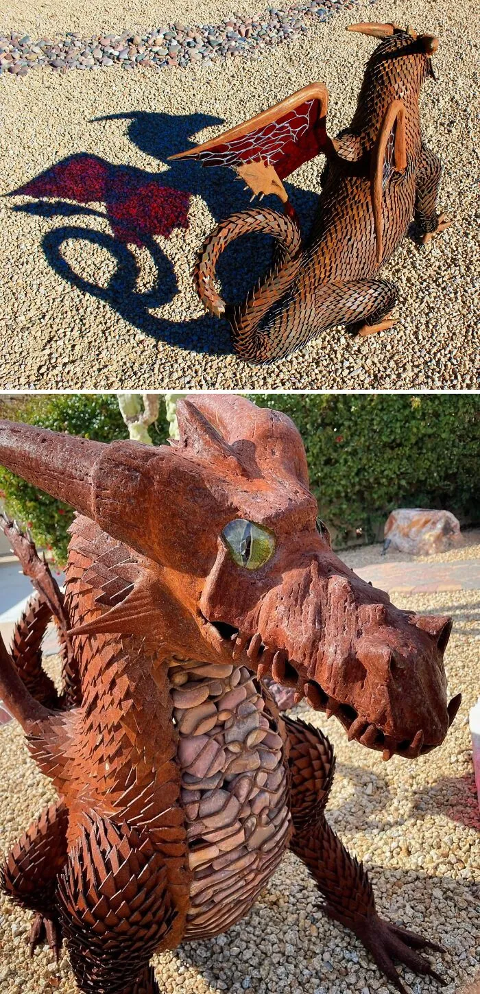 Metalworkers crafted a detailed dragon sculpture with intricate scales and wings, showcasing remarkable metalworking skills.