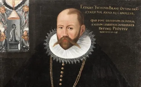 Portrait of 16th century scientist Tycho Brahe with a ruff collar, representing heliocentric model contributions.