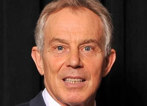 Portrait of a UK political figure in a suit, related to Prime Minister in 1997 and ending Conservative rule.