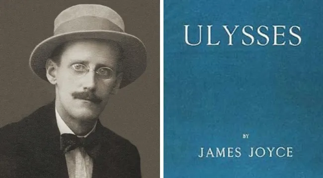Portrait of James Joyce wearing a hat next to the book cover of Ulysses related to general knowledge quiz.