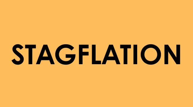 The word stagflation displayed in bold black letters on an orange background representing economics general knowledge quiz term.