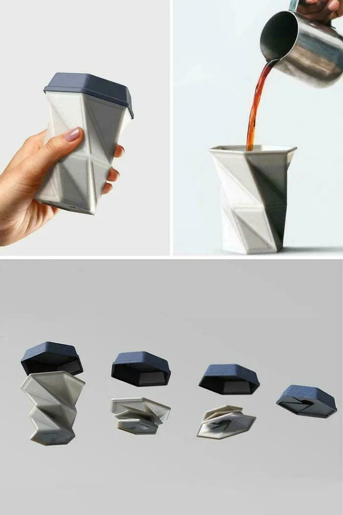 Geometric foldable coffee cup illustrating innovative minimalism design