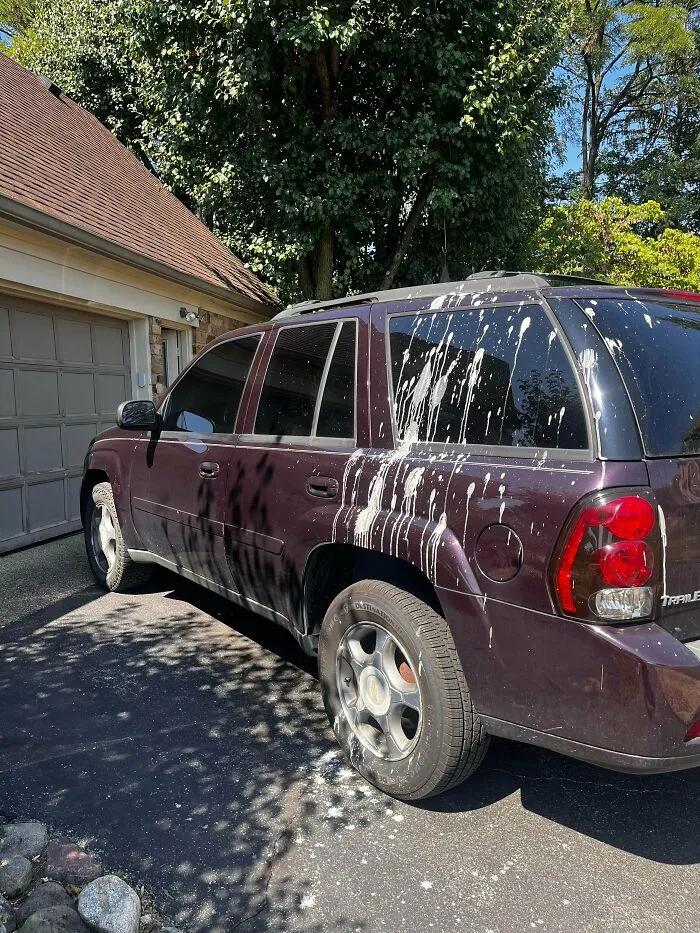 A purple SUV heavily splattered with bird droppings from angry birds.