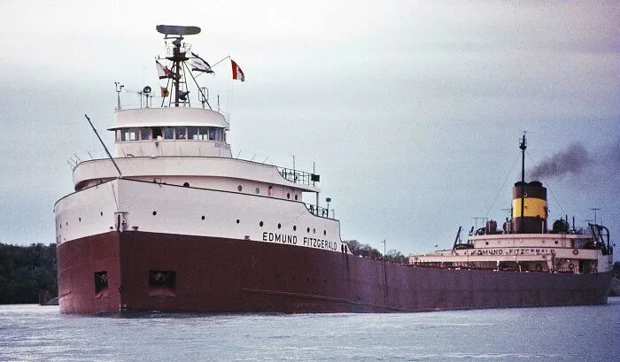 The S.S. Edmund Fitzgerald freighter on the water, an image that might take you way back.