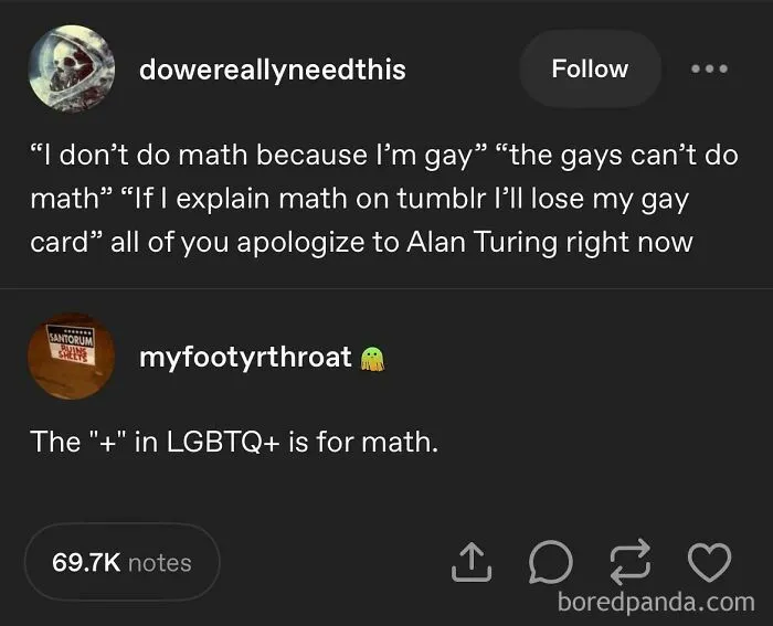 Tumblr post humorously addressing math and LGBTQ+ topics, reflecting wild and unexpected Tumblr content.