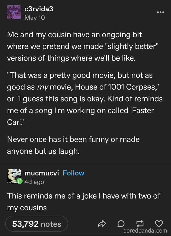 Tumblr text post discussing a humorous exchange about making slightly better versions of movies and songs.