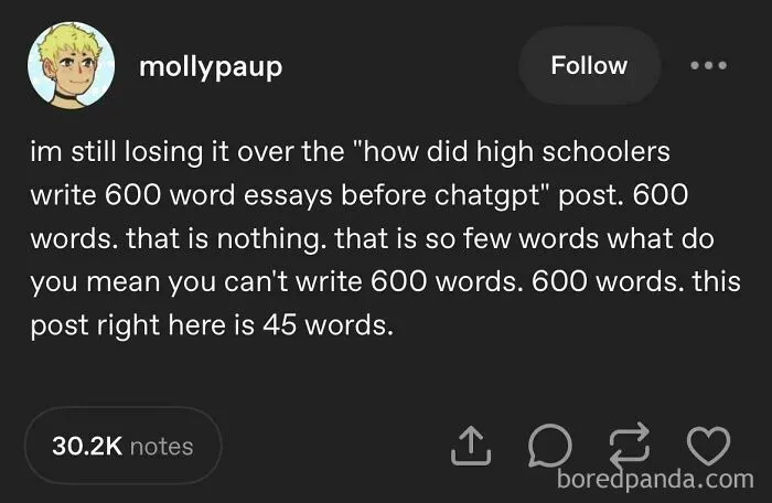 Tumblr post discussing word count challenges in essays before ChatGPT, highlighting unexpected humor on the platform.