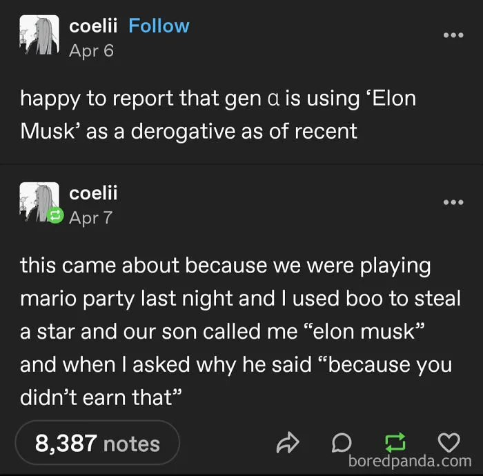 Tumblr post about son calling parent Elon Musk as a playful insult during Mario Party game, reflecting Gen Alpha slang.