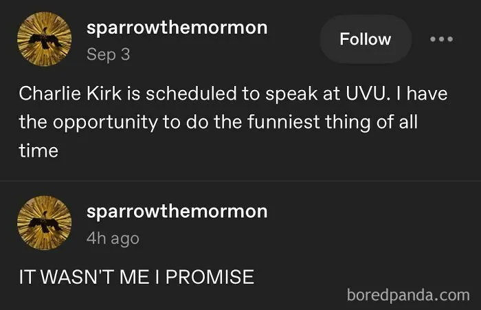 Tumblr post by sparrowthemormon humorously referencing Charlie Kirk speaking at UVU with a wild Tumblr twist.