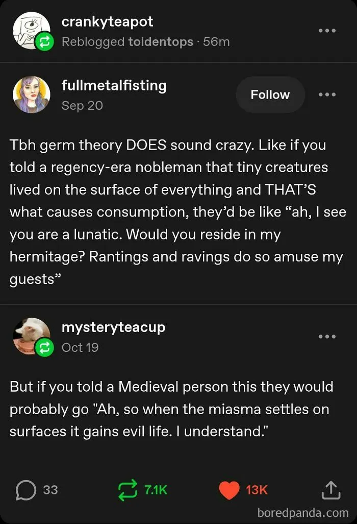 Tumblr post discussing germ theory from a historical perspective with witty and unexpected commentary.