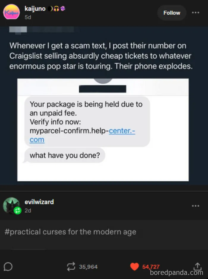 Screenshot of a Tumblr post showing a scam text and user sharing a prank to counter scam messages on Tumblr.