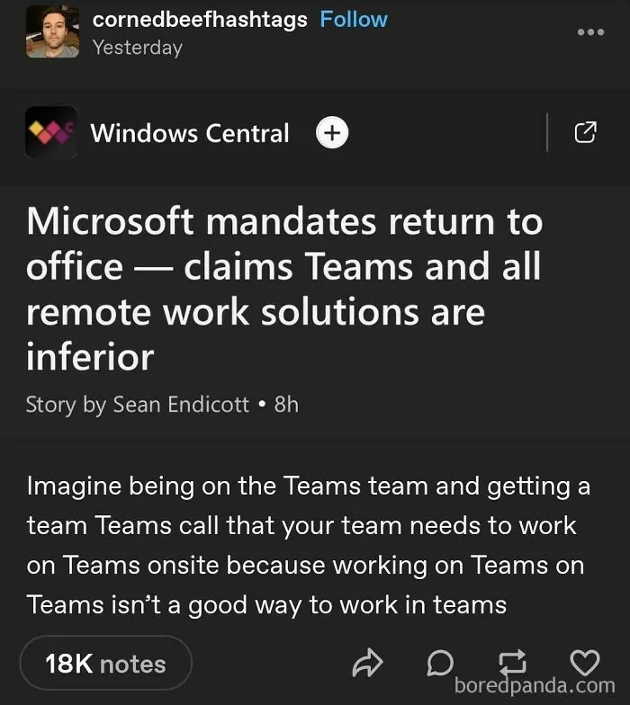Tumblr post about Microsoft mandating return to office, criticizing Teams and remote work solutions as inferior.