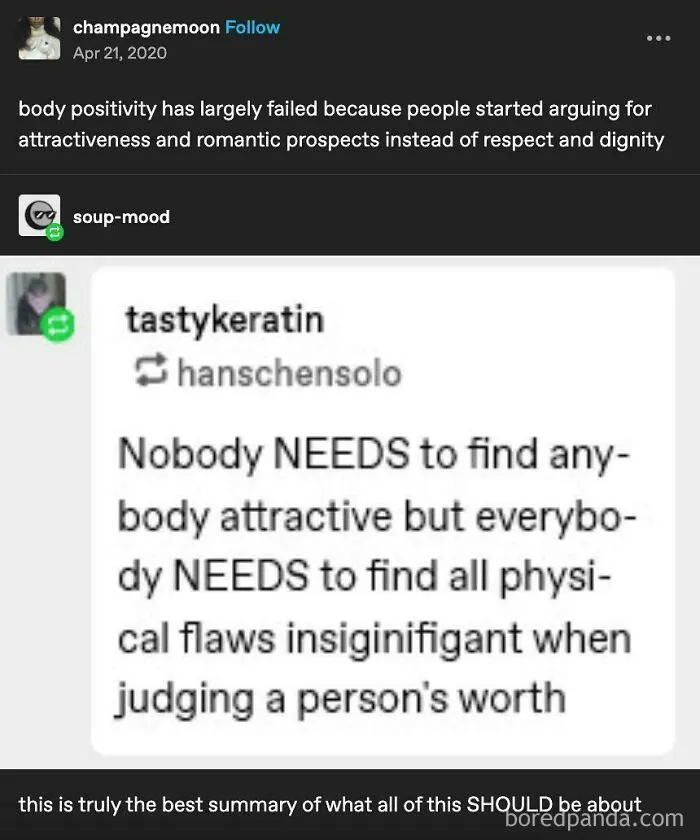 Tumblr posts discussing body positivity and judging worth beyond physical flaws in a wild and unexpected Tumblr thread.