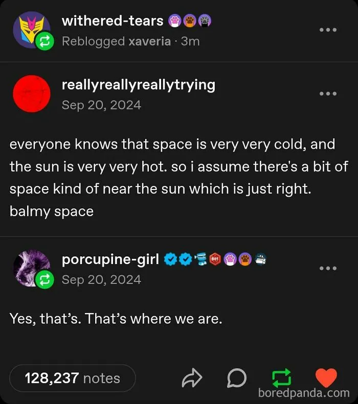 Tumblr post discussing space temperature near the sun in a humorous conversation with many notes.