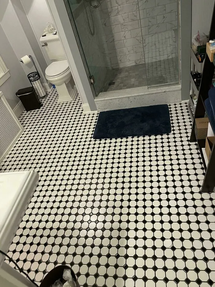 Bathroom with patterned tile floor camouflaging a partially hidden gray cat blending into the design near the shower.