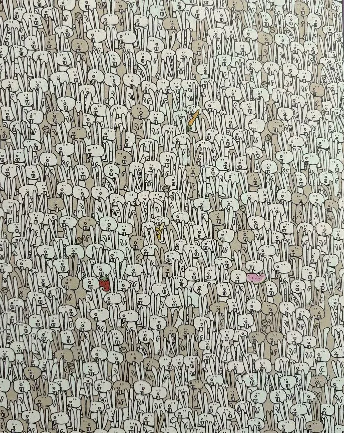 A dense pattern of white and brown cartoon rabbits with hidden colorful items to spot in perfectly camouflaged things.