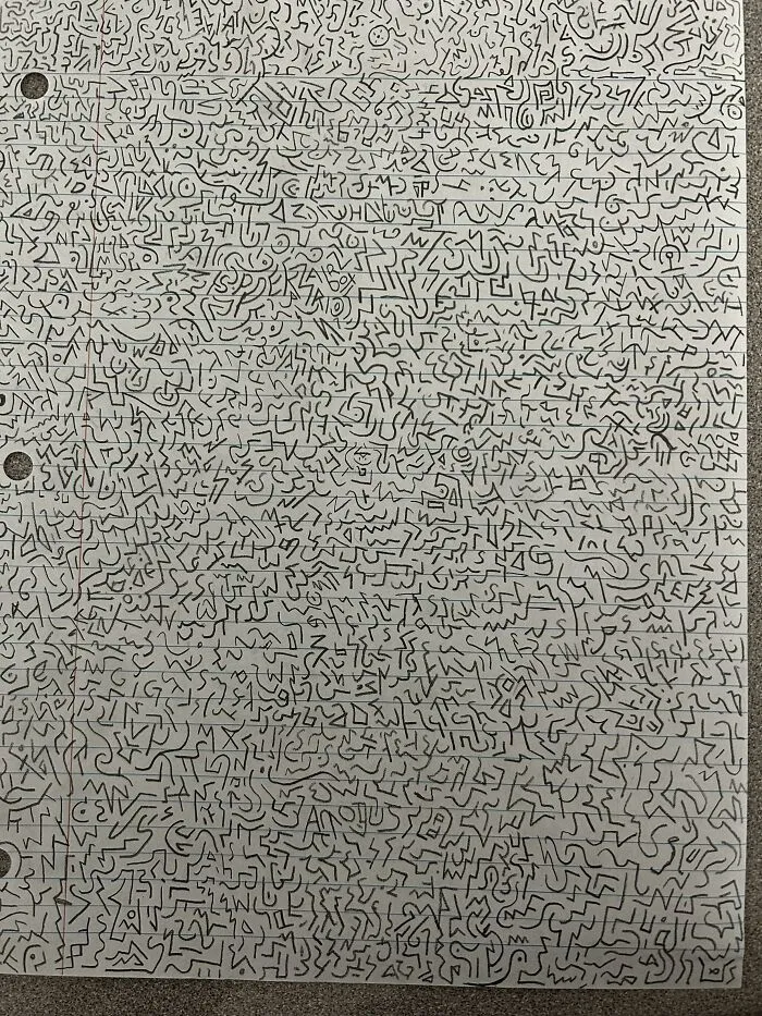 Intricate abstract doodle blending with lined paper, showcasing perfectly camouflaged shapes that might take ages to find.
