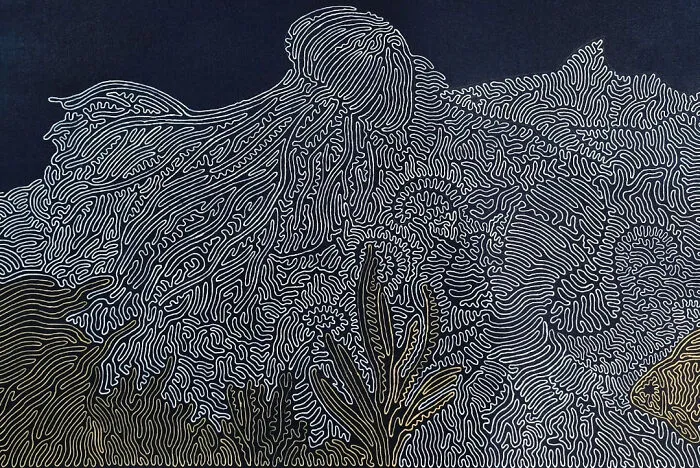 Intricate black and white pattern art with camouflaged shapes blending seamlessly into the complex design.