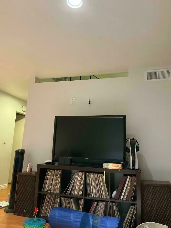 Cat perfectly camouflaged on a high ledge above a television in a living room, blending into the surroundings.