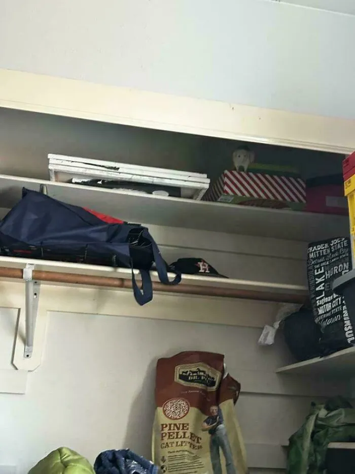 Closet shelf with various items and a perfectly camouflaged owl blending into the background among storage boxes.